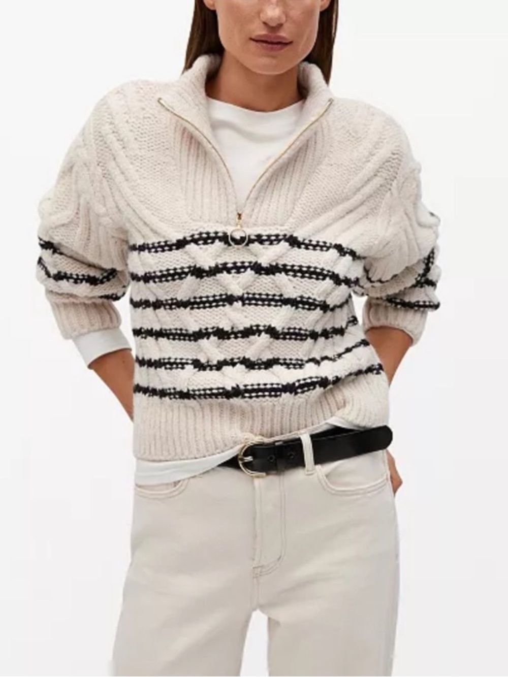 MANGO WOMENS CONTRAST KNIT SWEATER QUARTER ZIP PULLOVER IVORY MEDIUM